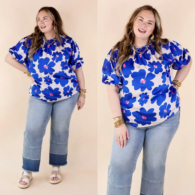 Divine Design Floral Blouse With Puffed Sleeve and Ruffle Neckline in Cobalt Blue