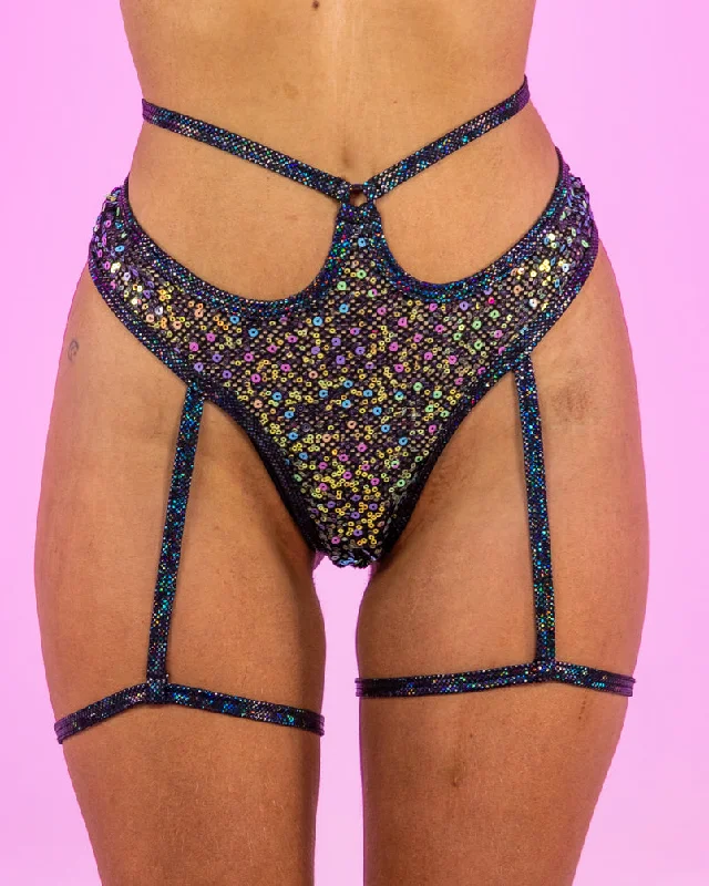 Diamond Rodeo Sequin Fishnet High Waisted Shorts w/ Attached Garter