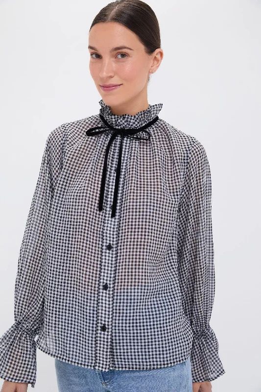 Black Sheer Fluid Check Tie String Shirt