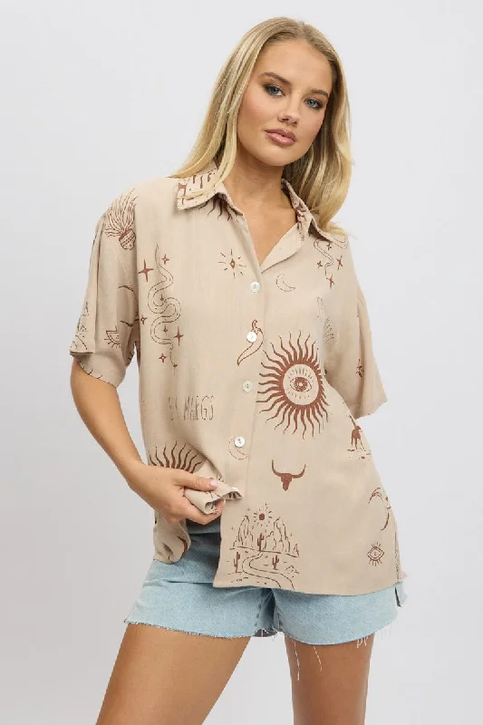 Beige Abstract Relaxed Shirt Short Sleeve