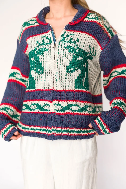 Reindeer Heavy Sweater Zip-Up in Vintage Blue