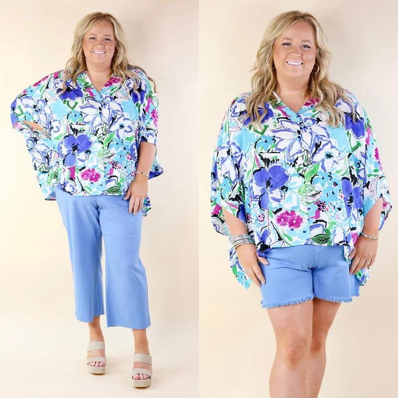 Sailing Away Floral Button Up Poncho Top in Blue Mix