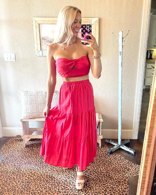 Red Skirt Set, Tube Top + Maxi Skirt