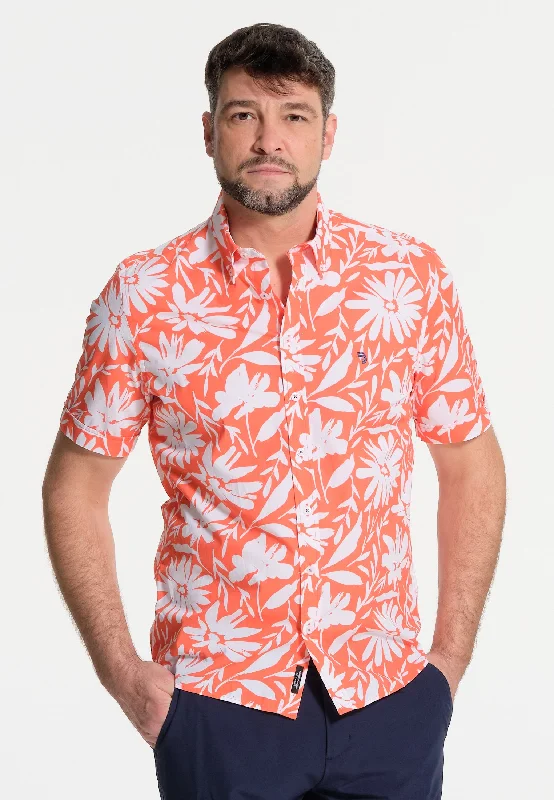 Chemise homme orange à fleurs blanches