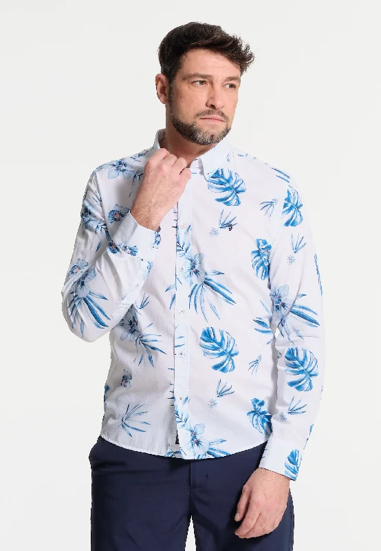 Chemise homme blanche et fleurs bleues