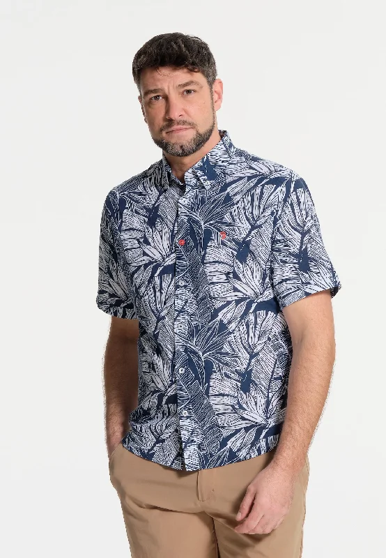 Chemise homme manches courtes bleue et feuilles en dégradé - effet lin