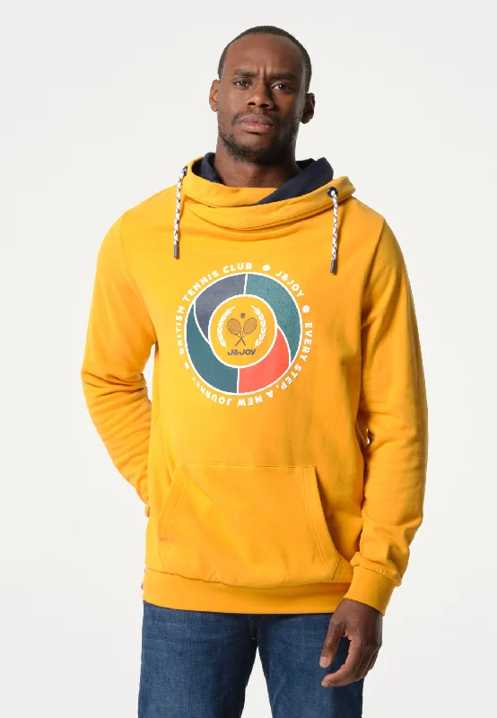 Sweatshirt homme jaune moutarde avec logo tennis et poche kangourou