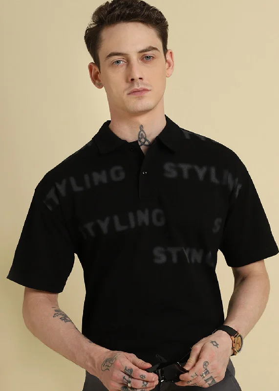 Faded Print Black Polo T-shirt