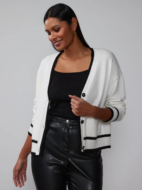 V-Neck Contrast Piping Cardigan