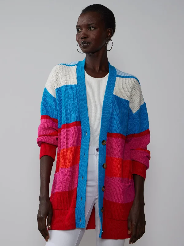 V-Neck Shaker-Stitch Multicolor Cardigan