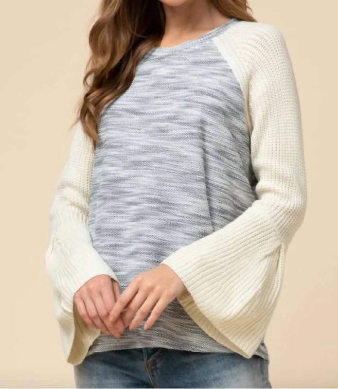 Bell Sleeve Top Sweater In Blue & Cream