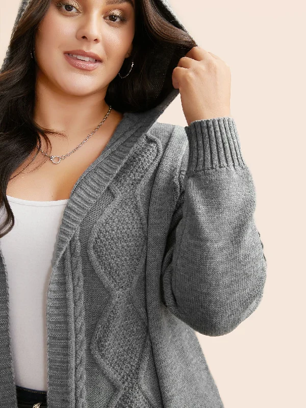 Cable Knit Hooded Patch Pocket Cardigan