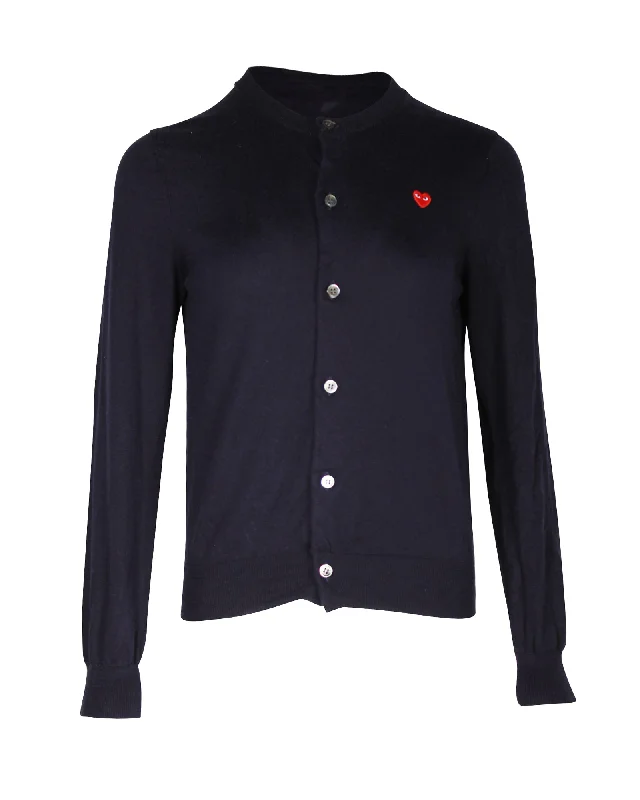 Comme Des Garcons CDG Small Heart Patch Cardigan in Navy Blue Cotton