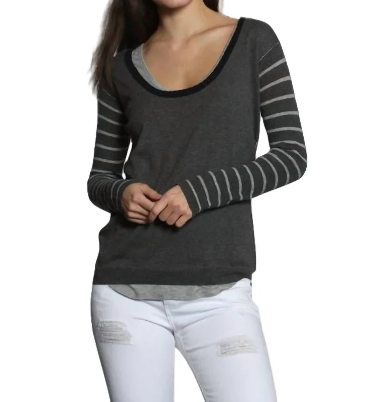 Double Layer Scoop Neck Pullover In Charcoal/grey