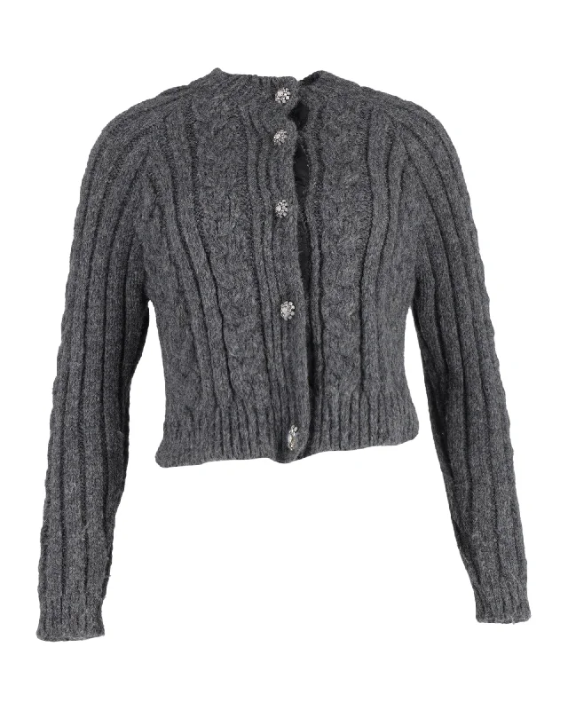 Ganni Cable-Knit Crystal-Buttoned Cardigan in Grey Alpaca Blend