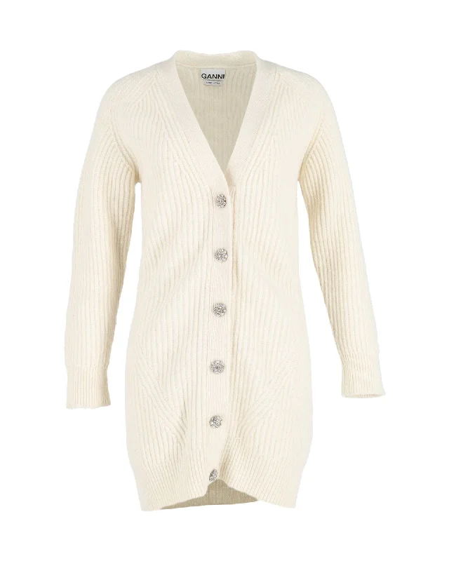 Ganni Rib-Knit Long Cardigan in Cream Wool