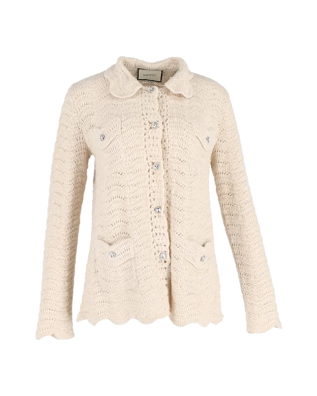 Gucci Crystal-Button Crochet Cardigan In Cream Wool