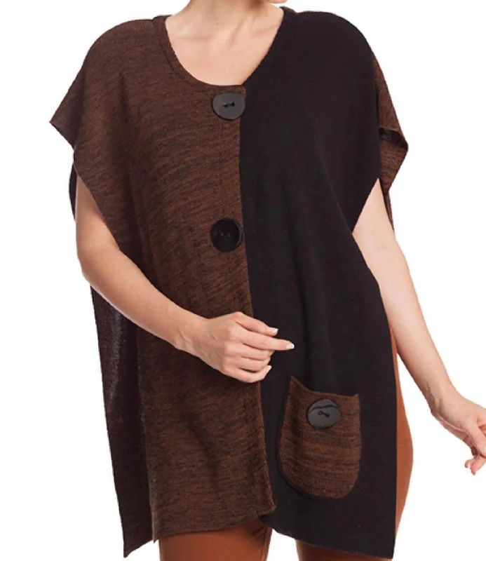 Large Button Poncho Sweater In Brown/black