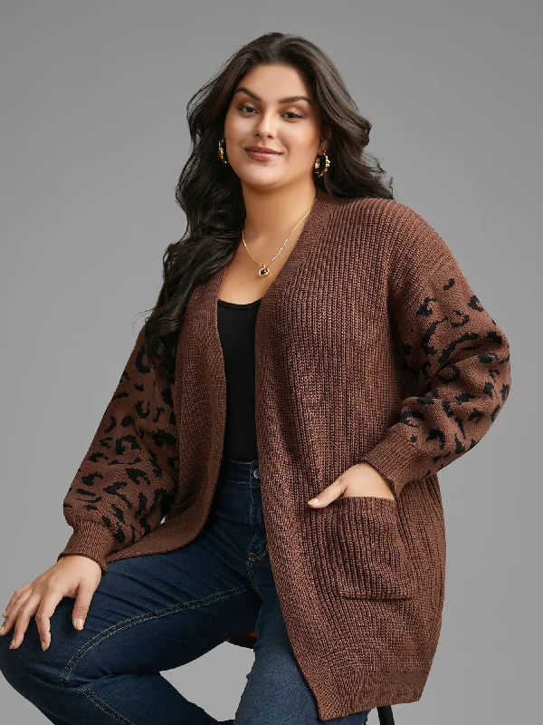 Leopard Print Patchwork Lantern Sleeve Cardigan