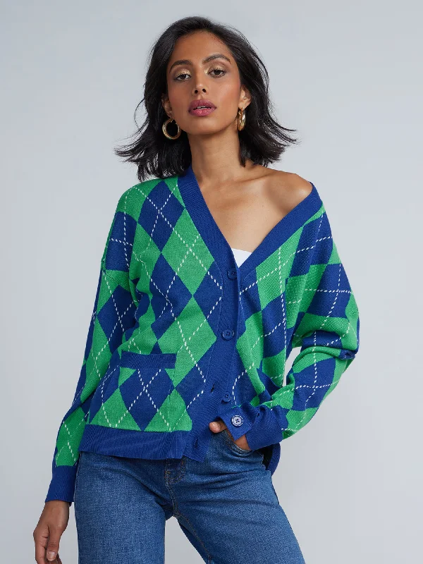 Long Sleeve Argyle Boxy Cardigan