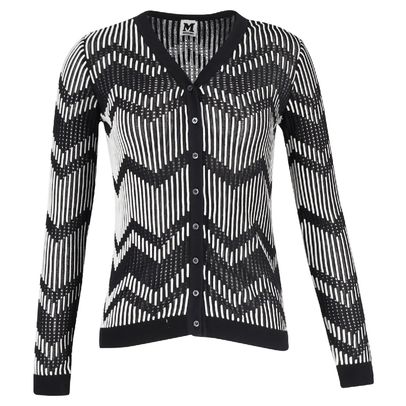 M Missoni Monochrome Patterned Perforated Knit Button Front Cardigan in Black and White Cotton