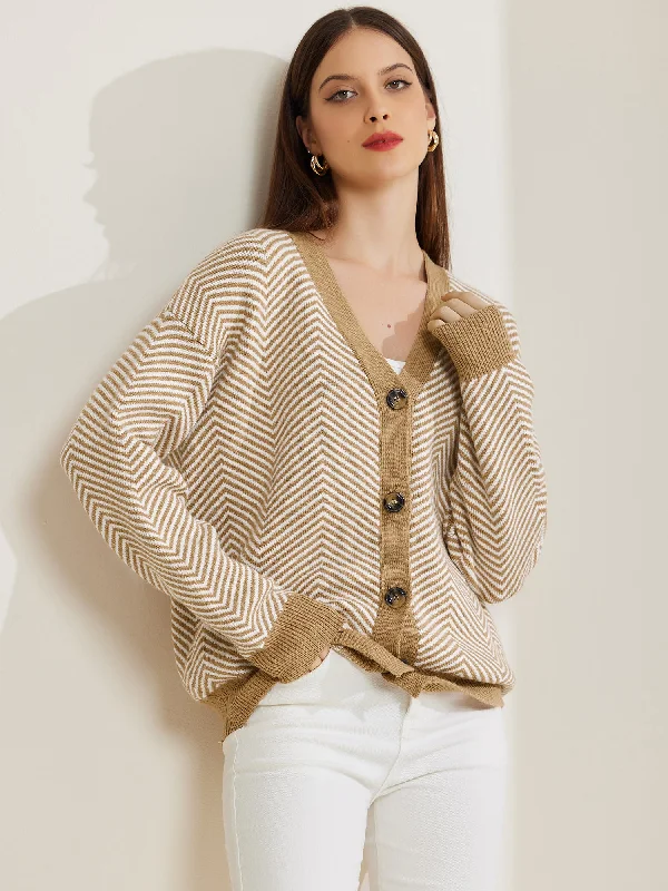 Striped Open Front Button Down V Neck Cardigan Sweaters