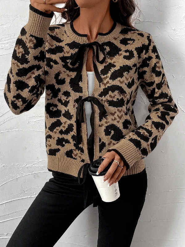 Leopard Lace-Up Long Sleeve Knitted Sweater Cardigan