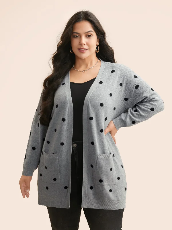 Polka Dot Kimono Collar Patch Pocket Cardigan