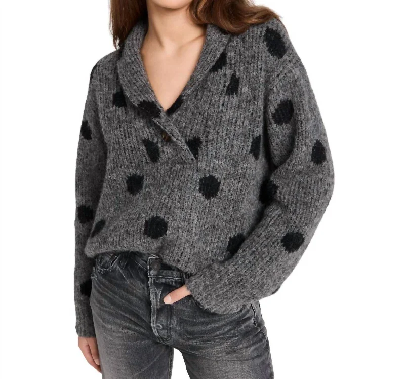 Polkadot Henley Pullover Sweater In Charcoal