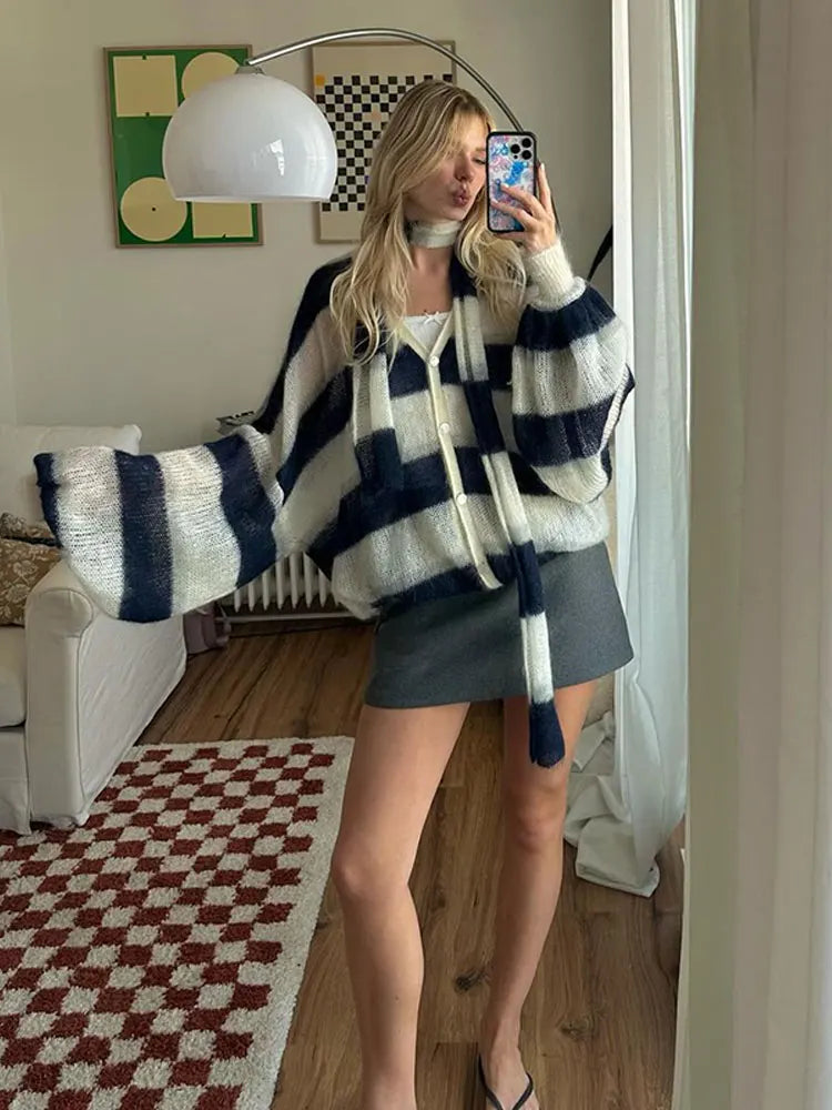 Women Fashion Contrast Striped Knitted Cardigan With Scarf Elegant V Neck Sweater