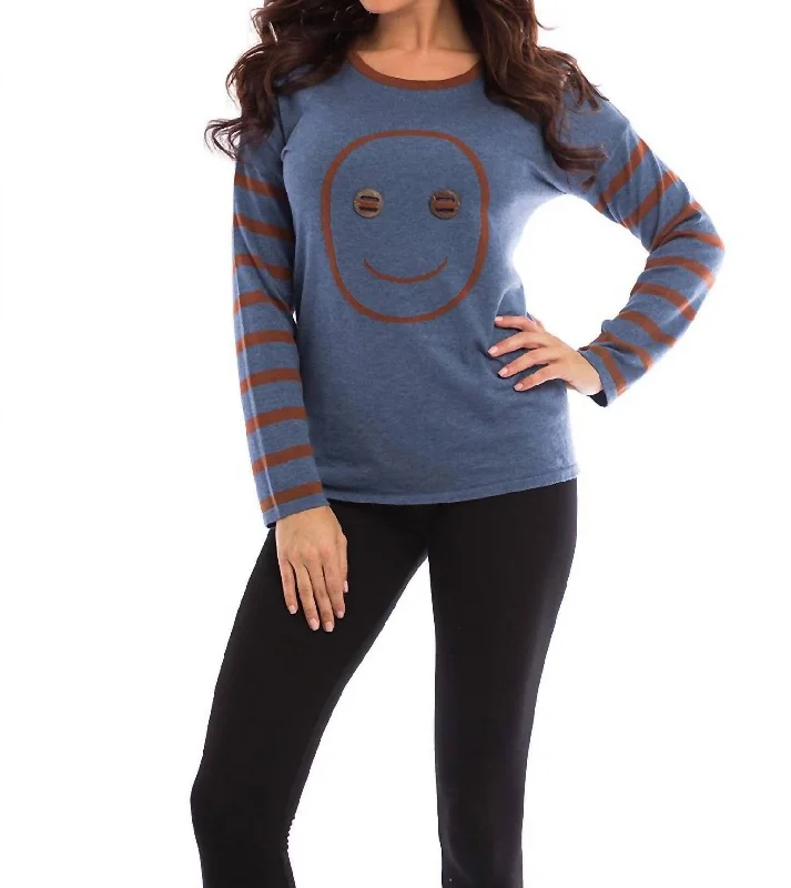 Wood Button Smiley Face Pullover In Denim/mocha