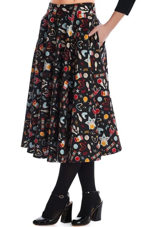 Banned Let's Go Bowling Swing Skirt Retro Atomic Print