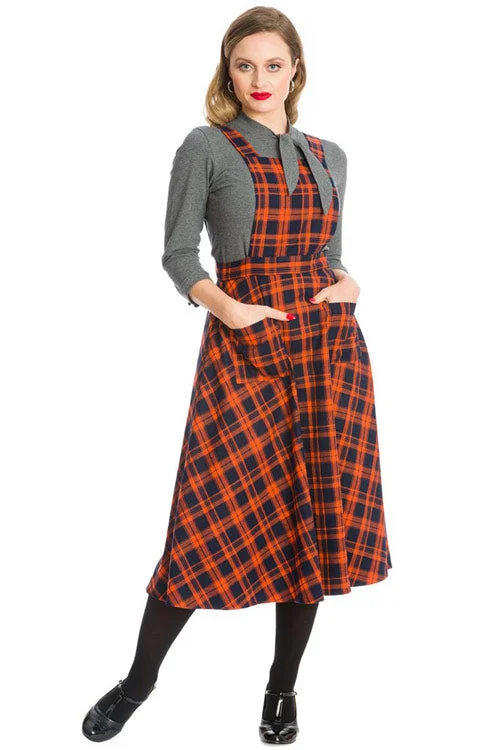 Banned Miss Spooky 50's Length Pinafore Dress in Orange and Black Tartan