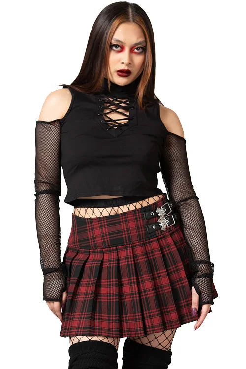 Killstar Bat Girl Skirt Red Tartan with Statement Buckles