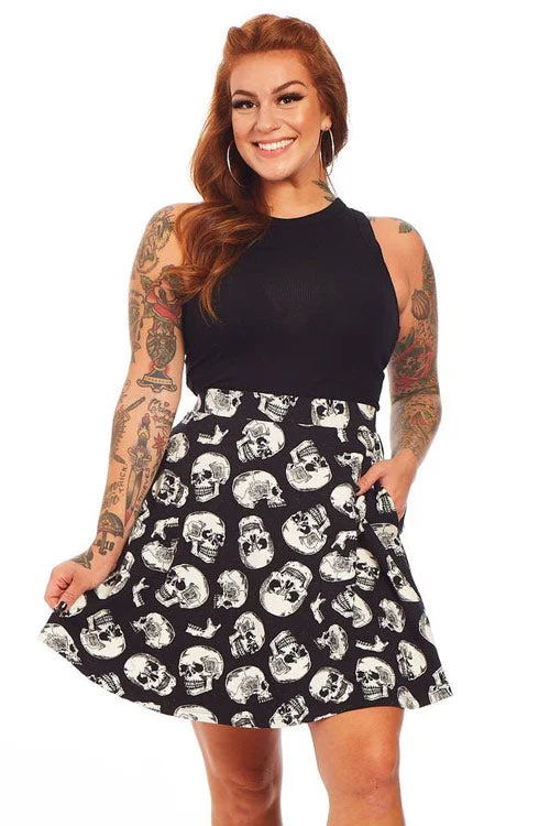 Sourpuss Skater Skirt in Skull Duggery Print