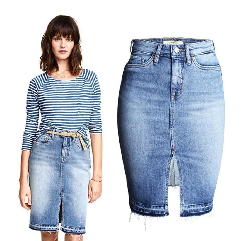 Women Jean Skirt Washed Denim Skirt High Waist