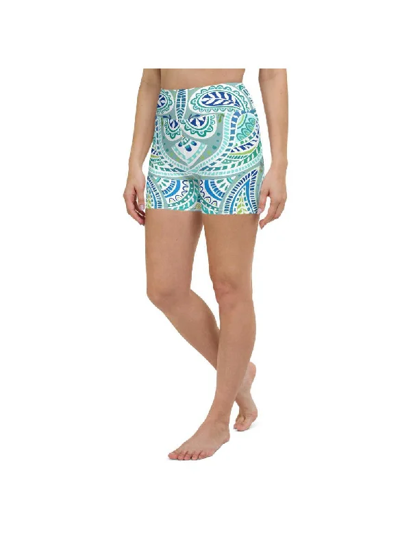 Blue and Green Paisley Yoga Shorts