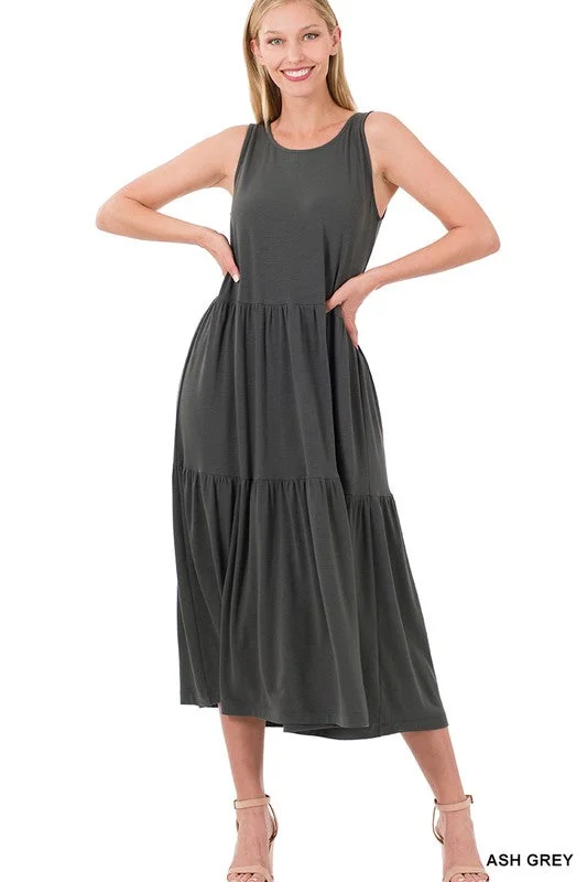 SLEEVELESS TIERED MIDI DRESS