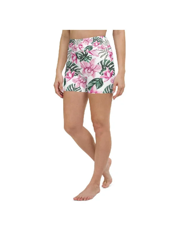 Tropical Floral White Yoga Shorts