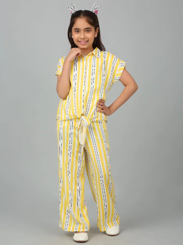 Girls Yellow Striped Casual Co-Ord Set