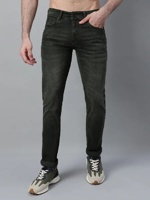 Men's Olive Green Solid Stretchable Jeans