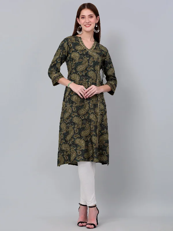 Women's Green Paisley Printed Three Quarter Sleeves Kurti