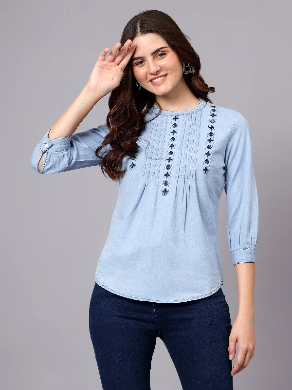 Women's Light Blue Embroidery Casual Top