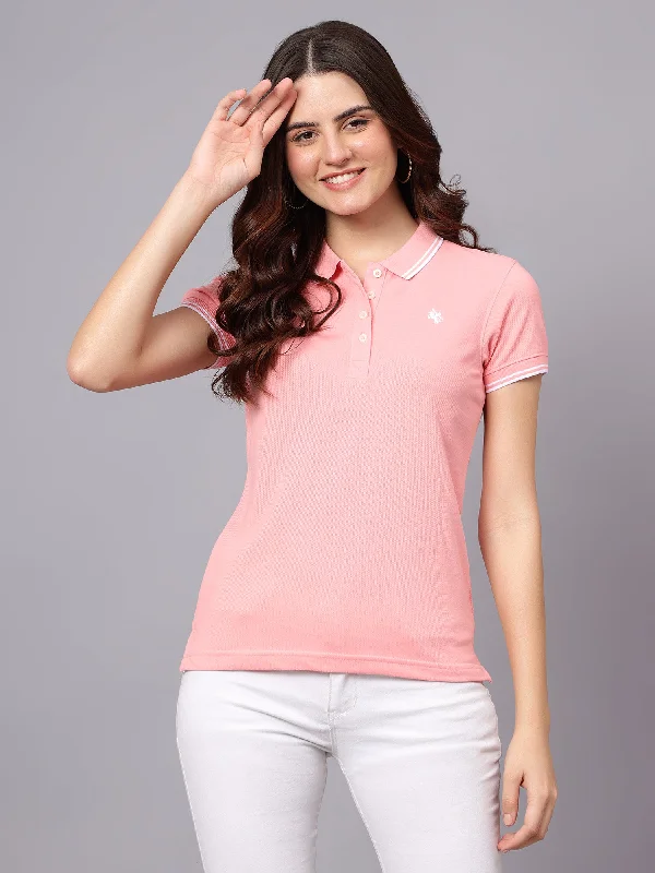 Women's Pink Solid Polo Neck T-shirt