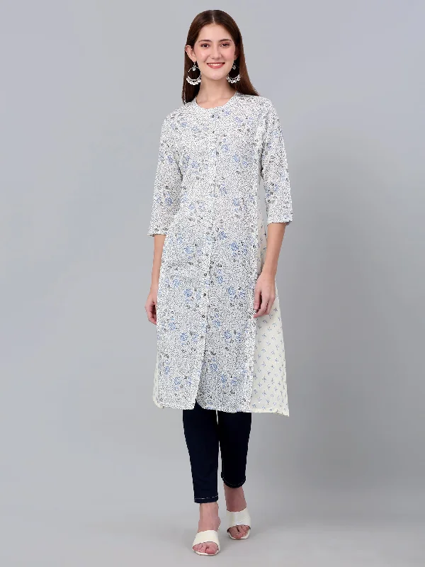 Women's White Floral Printed Three Quarter Sleeves Kurti